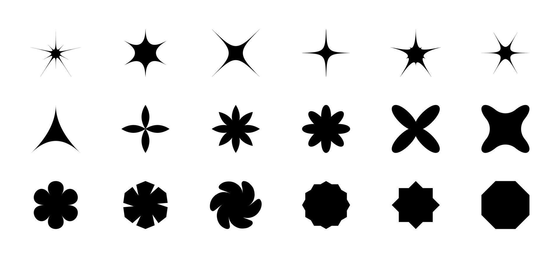 Set of Full Icon - stars, flowers, sparks and polygon. Abstract design Elements. Swirl, triangle, flash. Collection black geometric shapes. Y2k aesthetic. Label, banges. Isolated. illustration vector