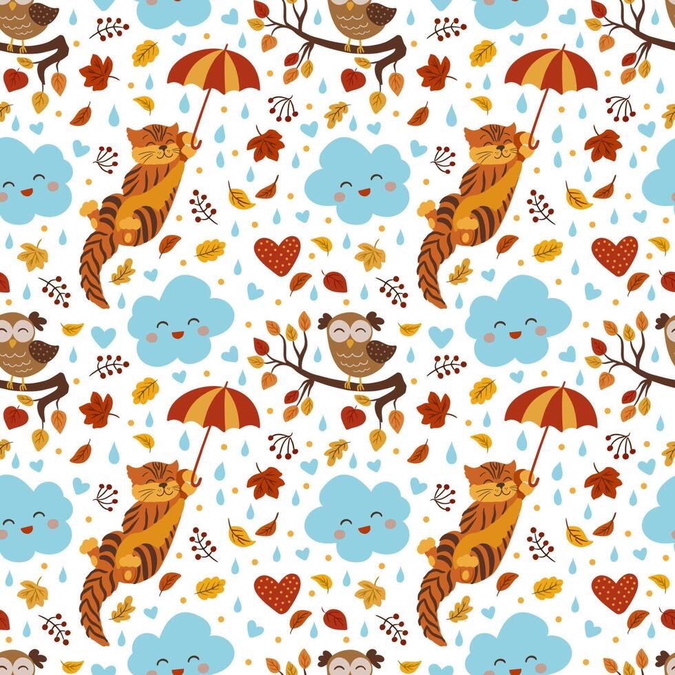 Autumn seamless pattern with cutecat, owl, mushrooms and falling leaves vector