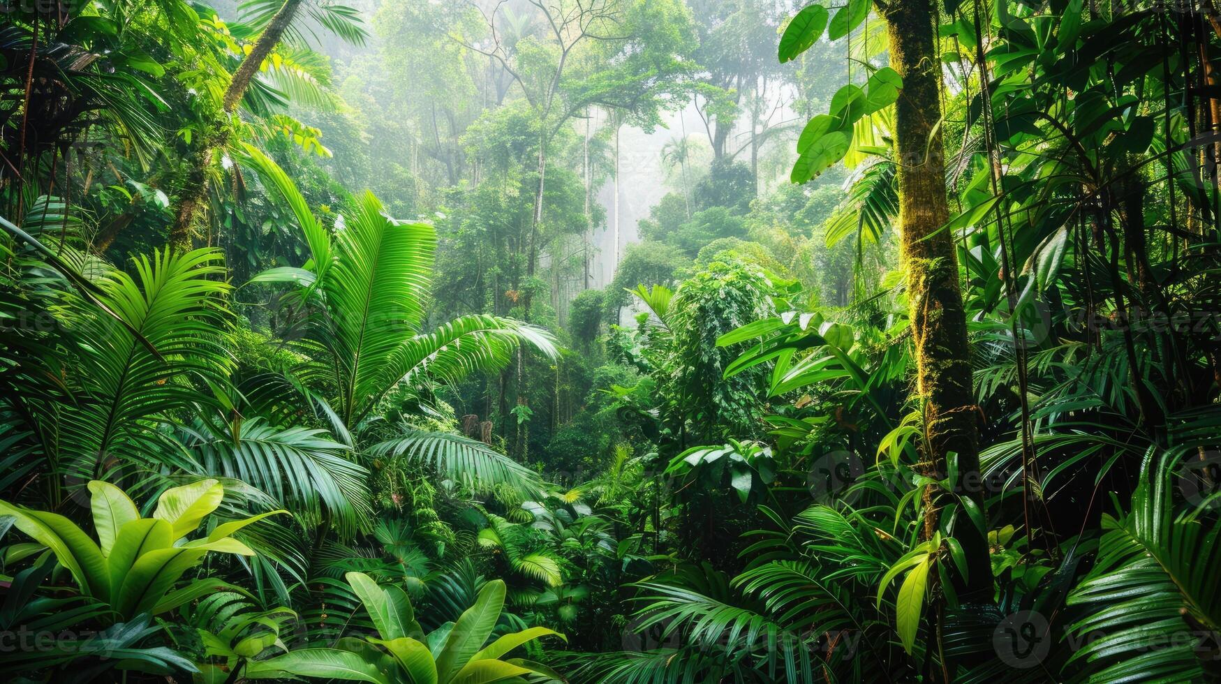 lush tropical rainforest, with dense canopy covering the landscape photo