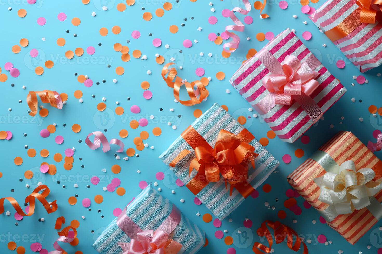 Thoughtfully wrapped presents surrounded by a cascade of colorful confetti create a joyful scene photo