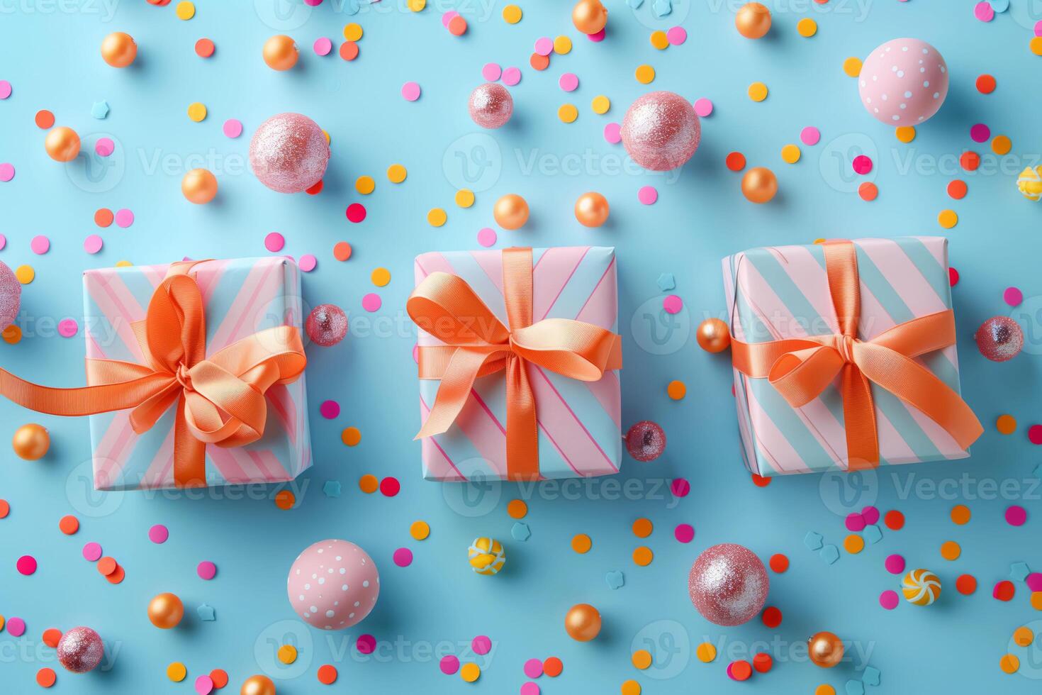 Create memorable gifting moments with these beautifully decorated boxes on a confetti backdrop photo