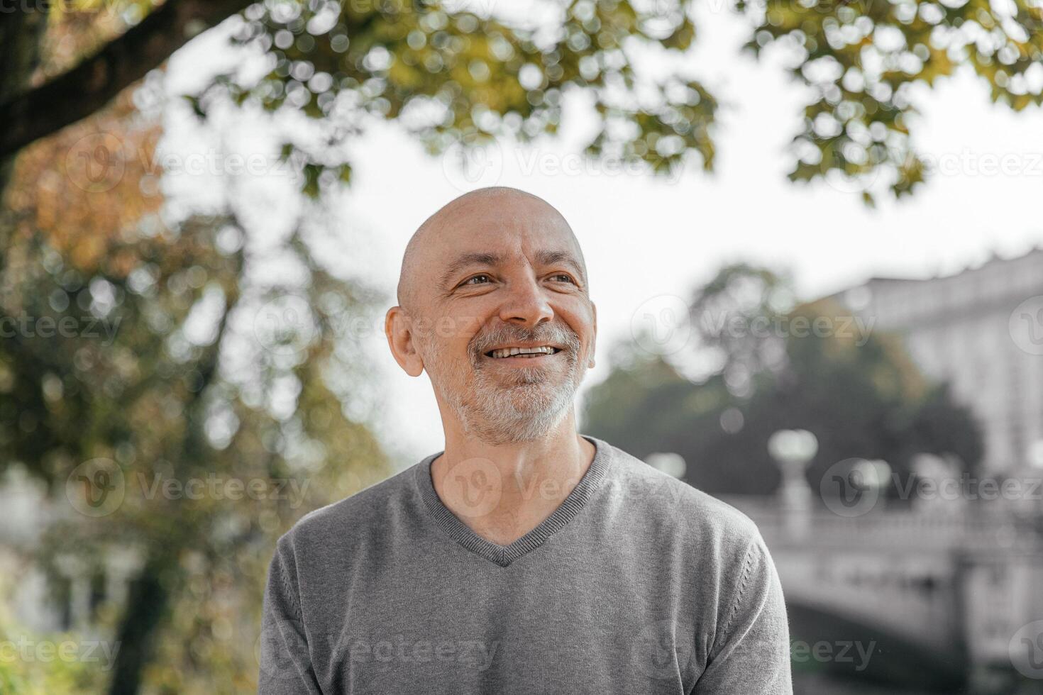 Happy senior man in grey sweater sitting in a park, smiling warmly photo