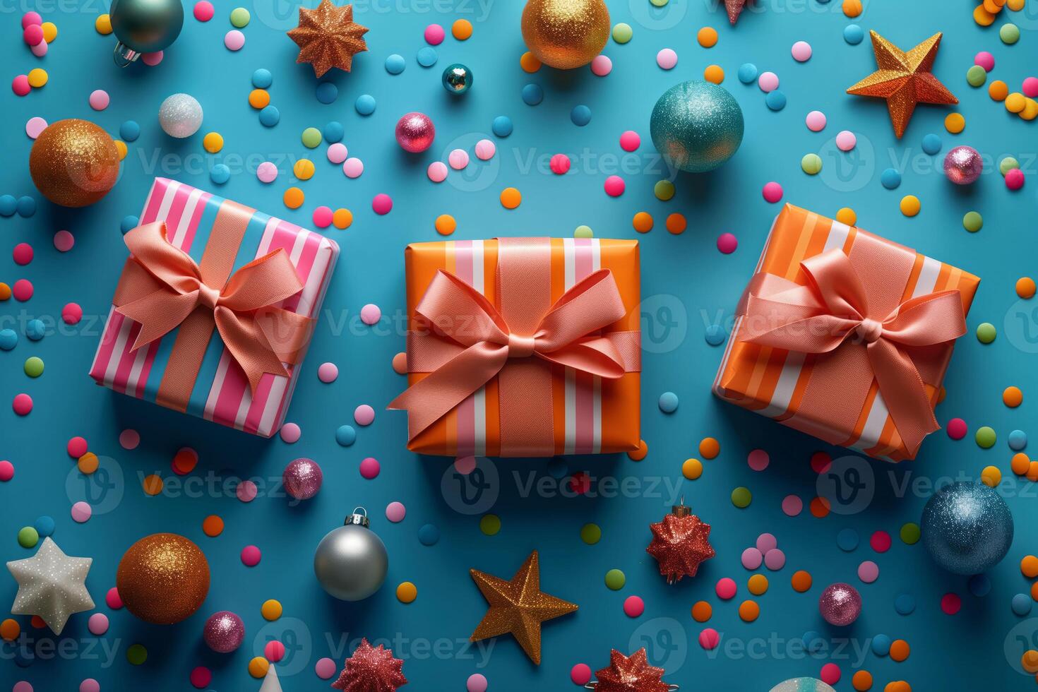 Creative display of festive gift boxes arranged thoughtfully on a bright blue background photo