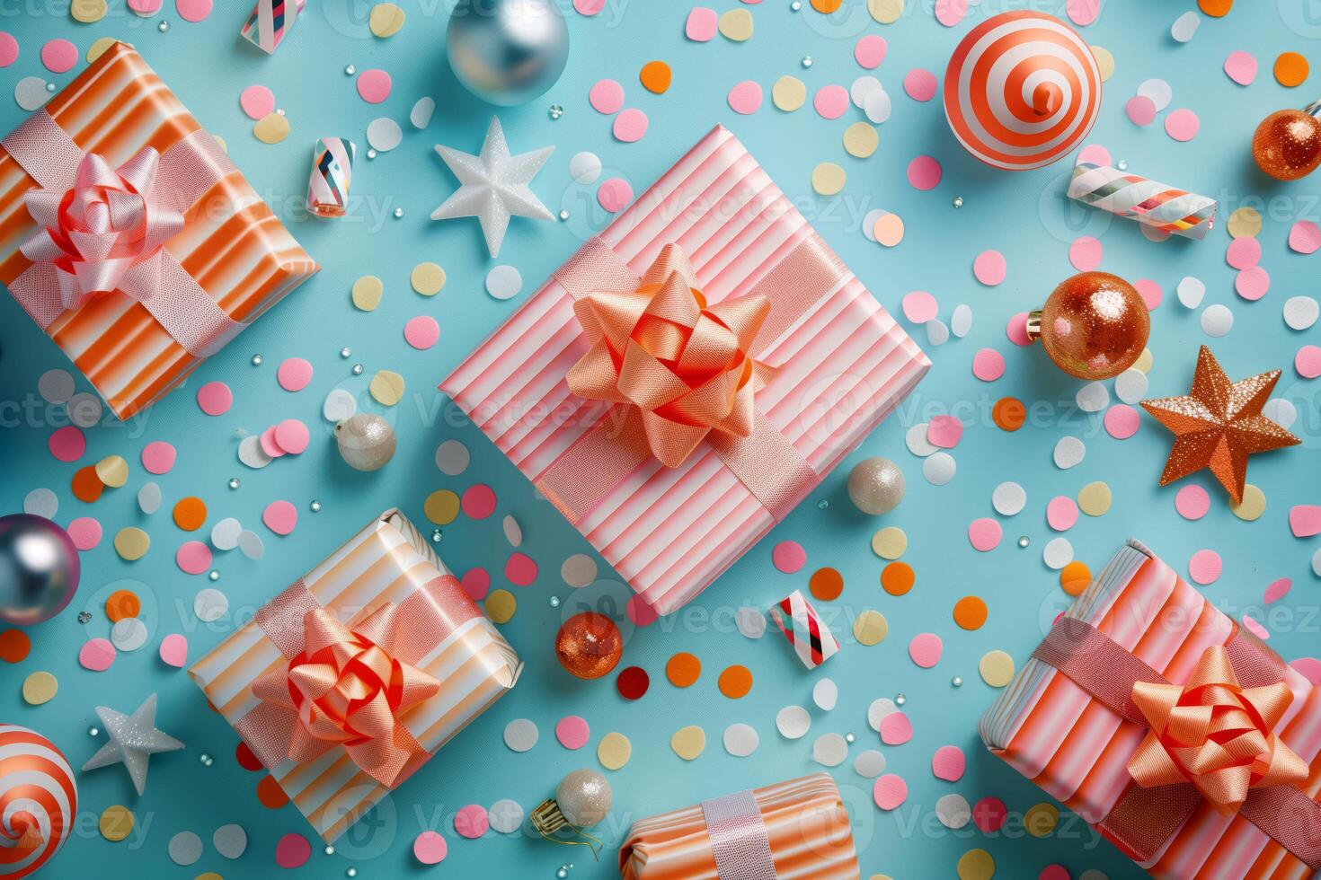 Vivid gift boxes with elegant ribbons sprawled across a playful turquoise background setting photo