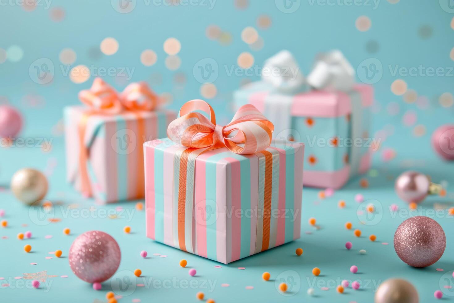 Discover the delight in gift wrapping with these colorful boxes and festive ribbons photo