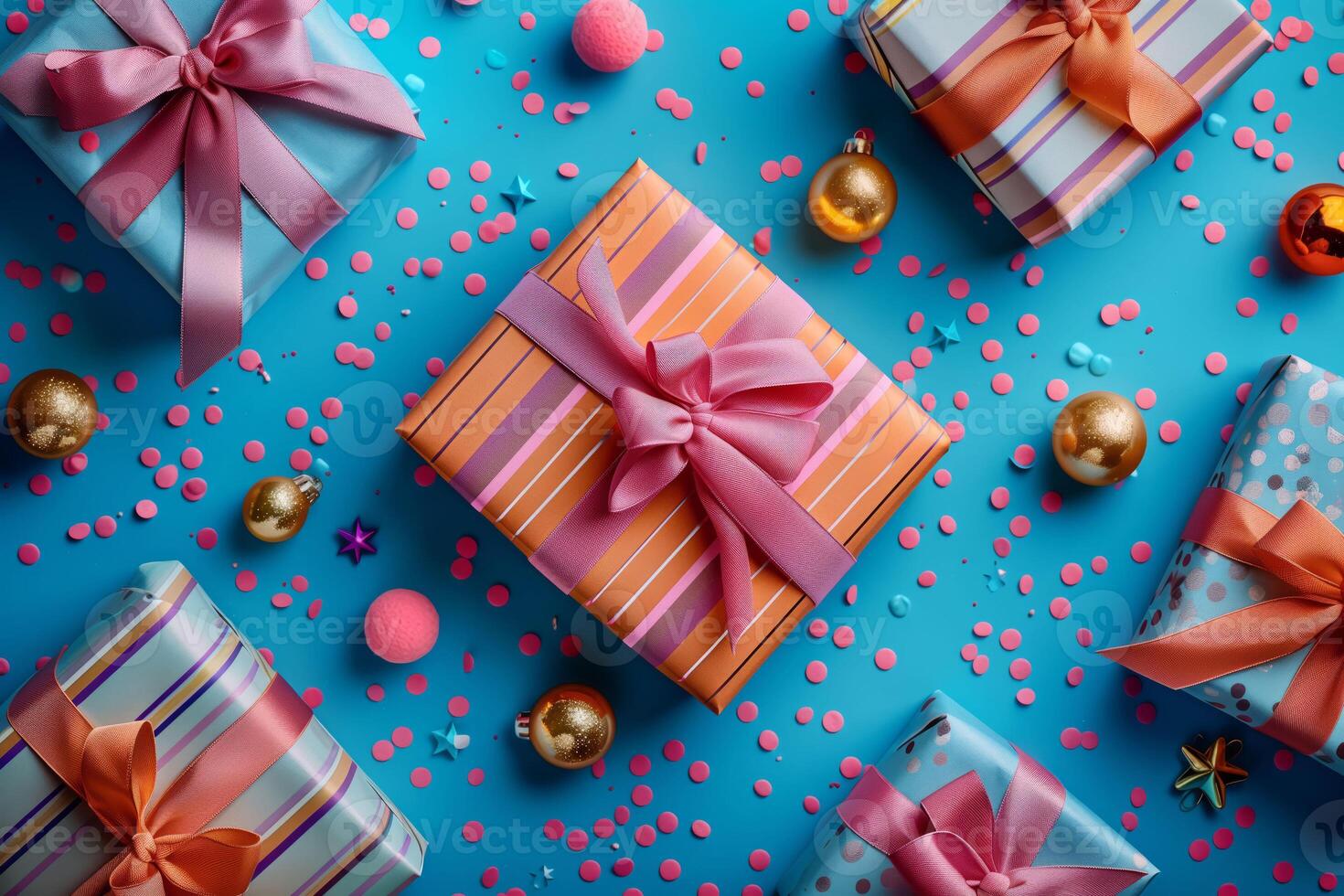 Festive setup with gift boxes in pink and orange tones accented with confetti photo