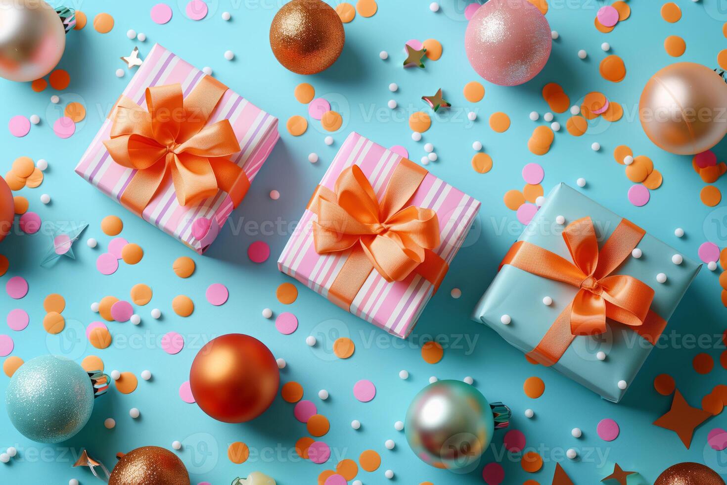 Elegant gift presentation with a variety of boxes and dynamic colored confetti accents photo