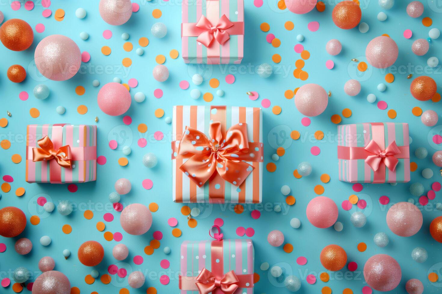 Presentation of various gift options wrapped in festive paper and tied with ribbons photo