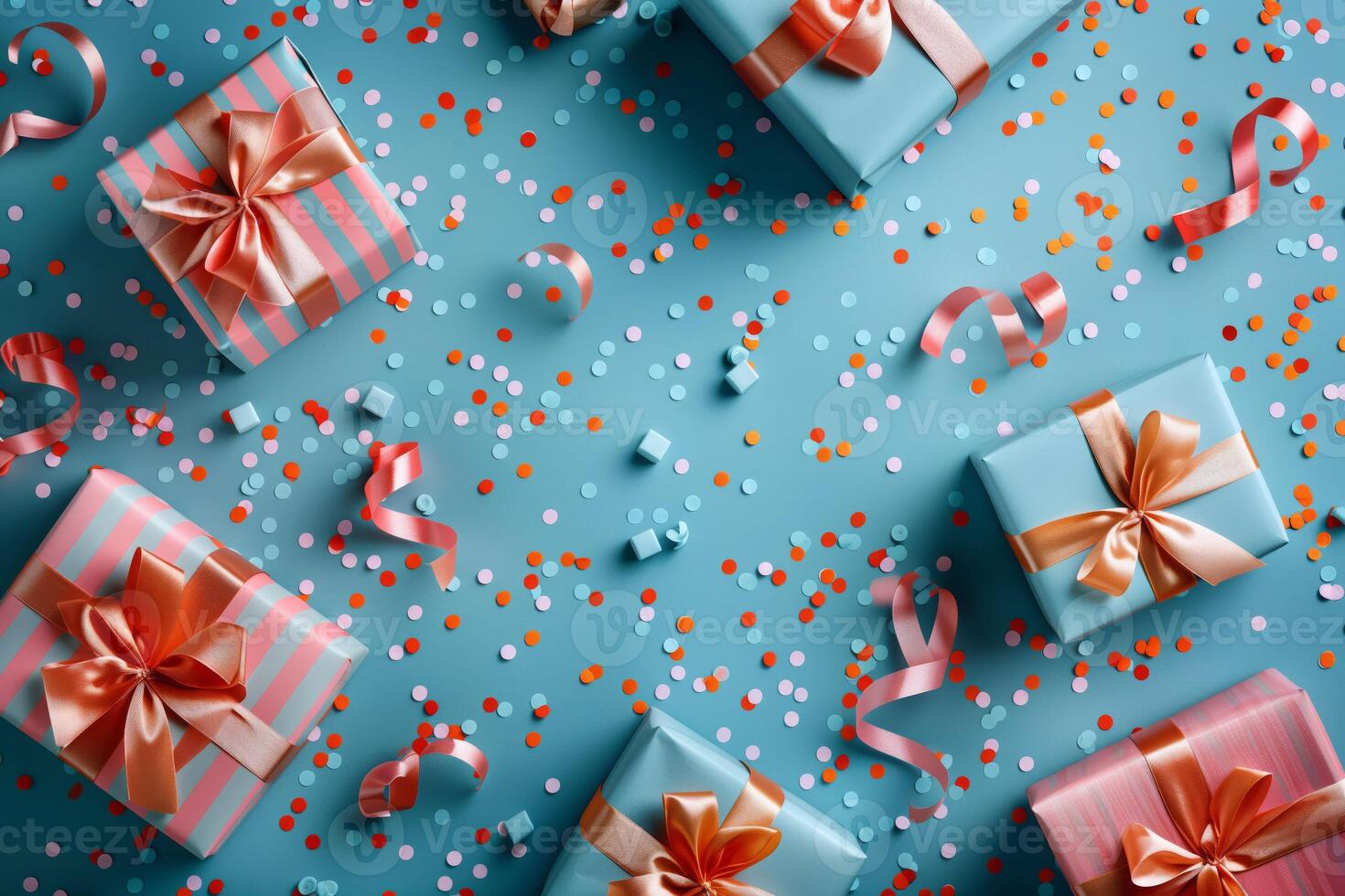 Celebratory background with an array of gifts wrapped in vibrant hues and ribbons photo