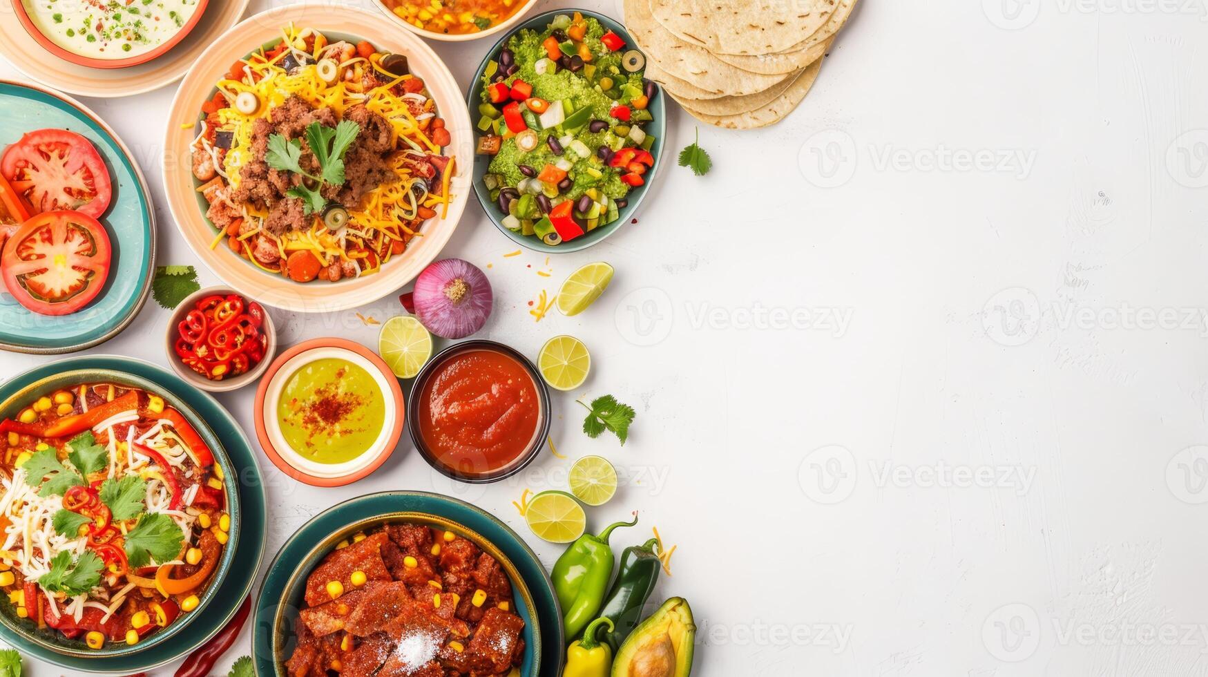 Top view of colorful assortment of Mexican meals photo