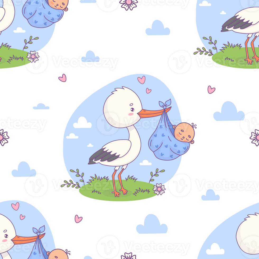 Seamless pattern with stork with newborn boy png