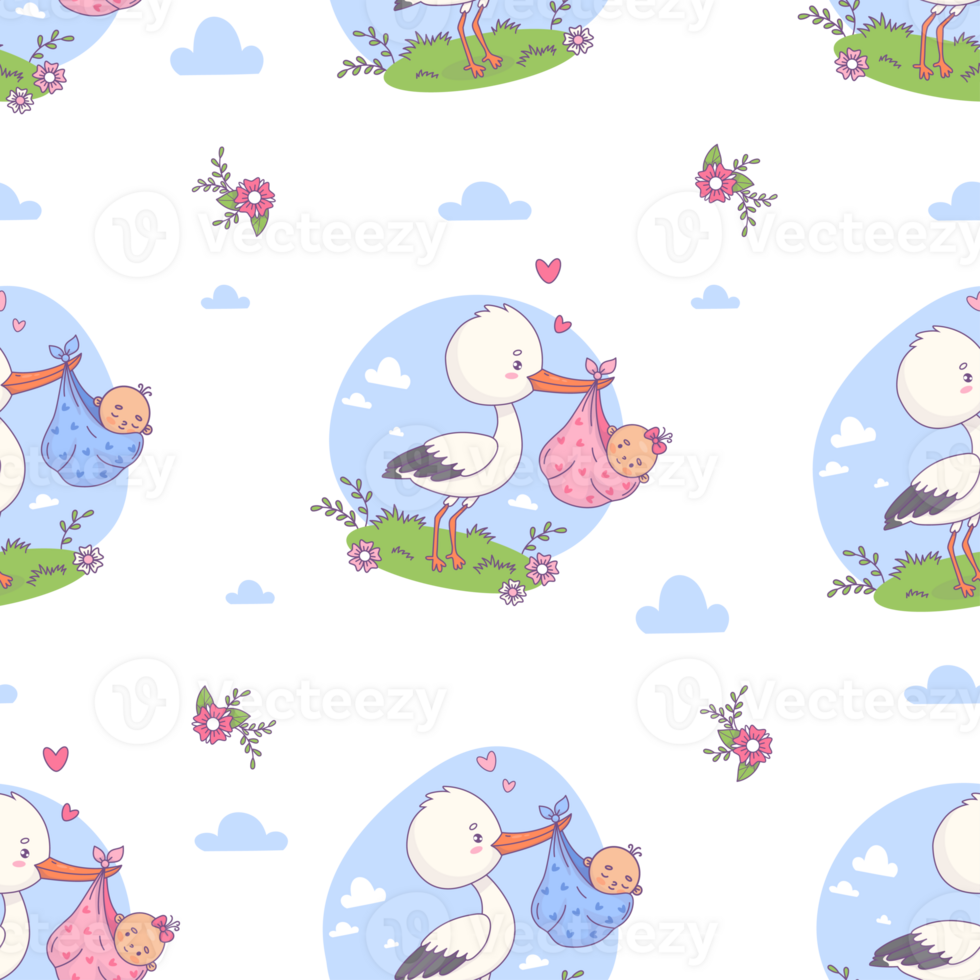 Seamless pattern with stork with baby boy and girl png
