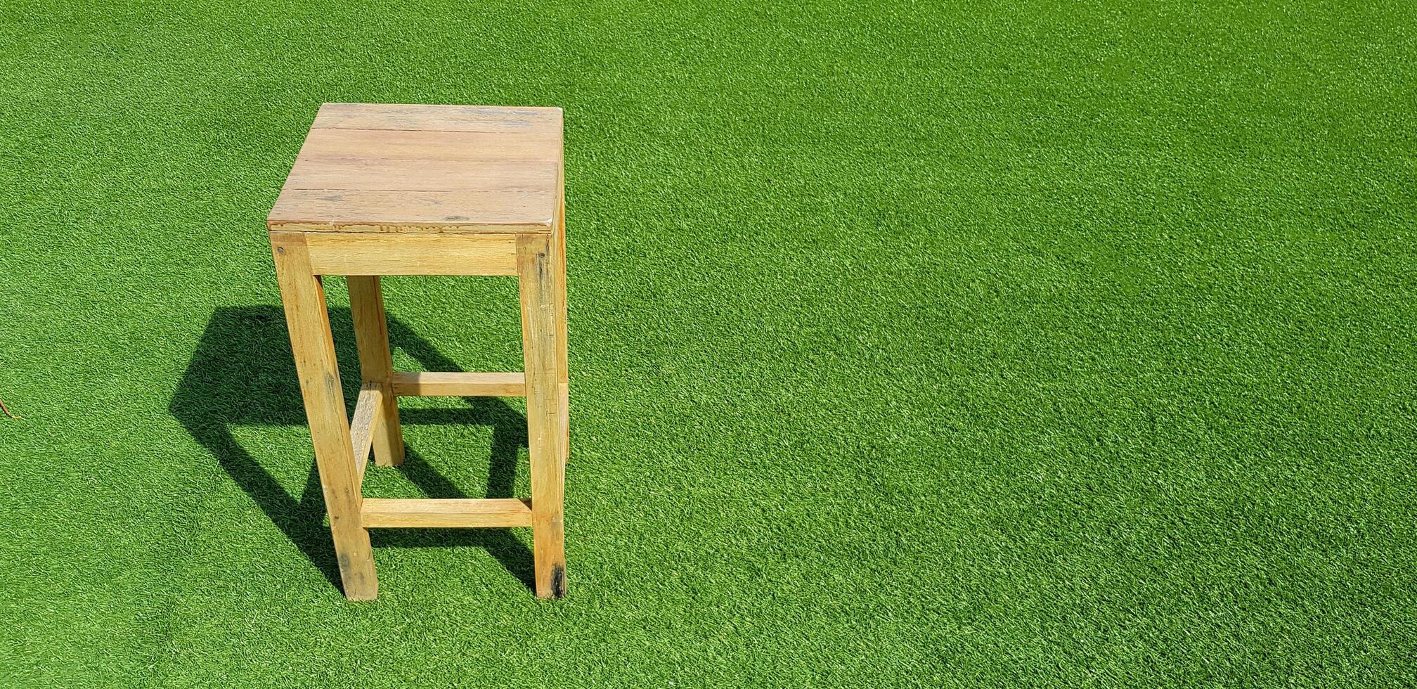 Wooden chair putting on green grass field with copy space. Wood material, Single object and Green natural concept. photo