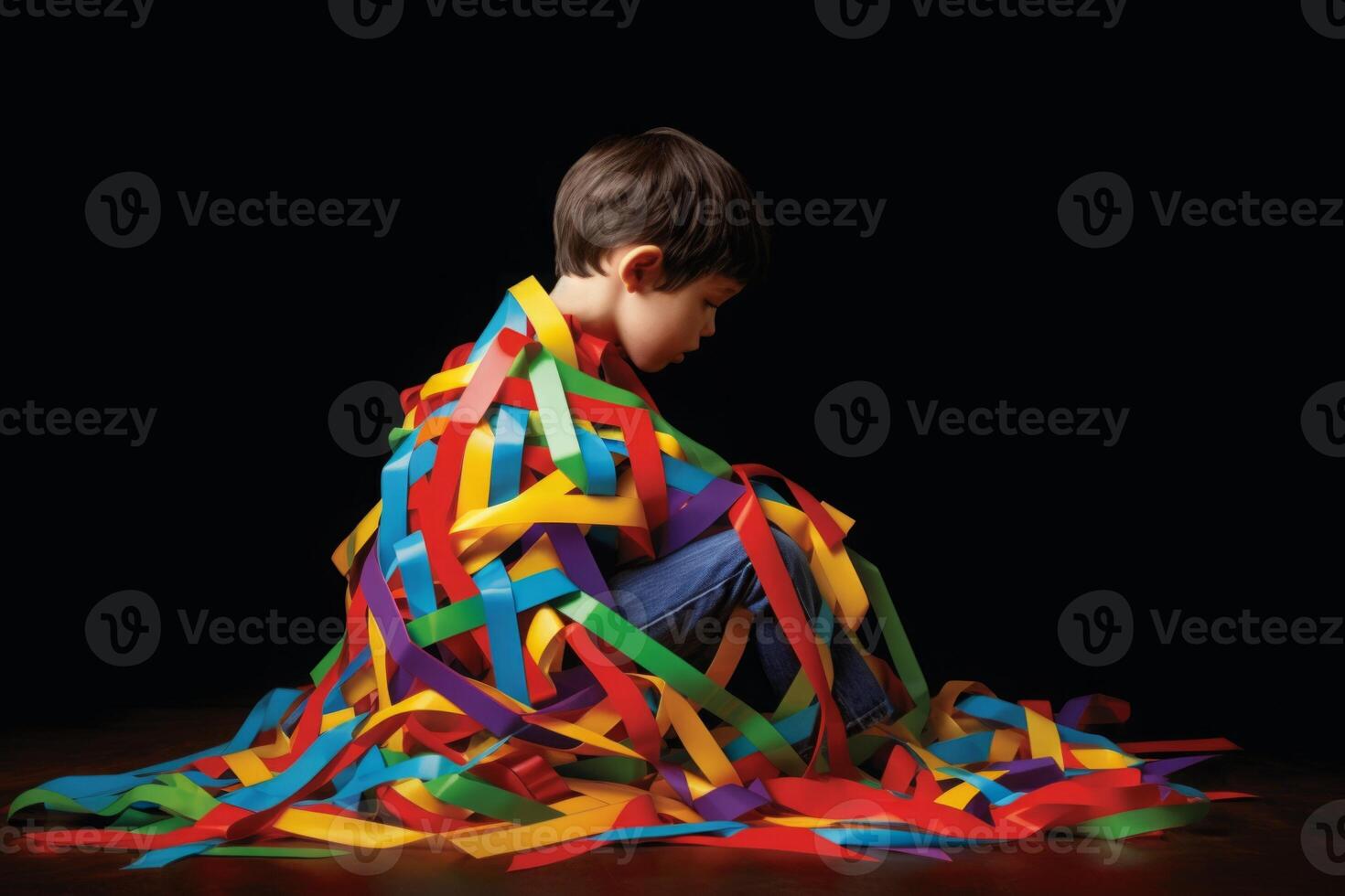 child with puzzle ribbon on dark background. boy with symbol of the fight, concept of helping those in need. World Autism Awareness day. photo