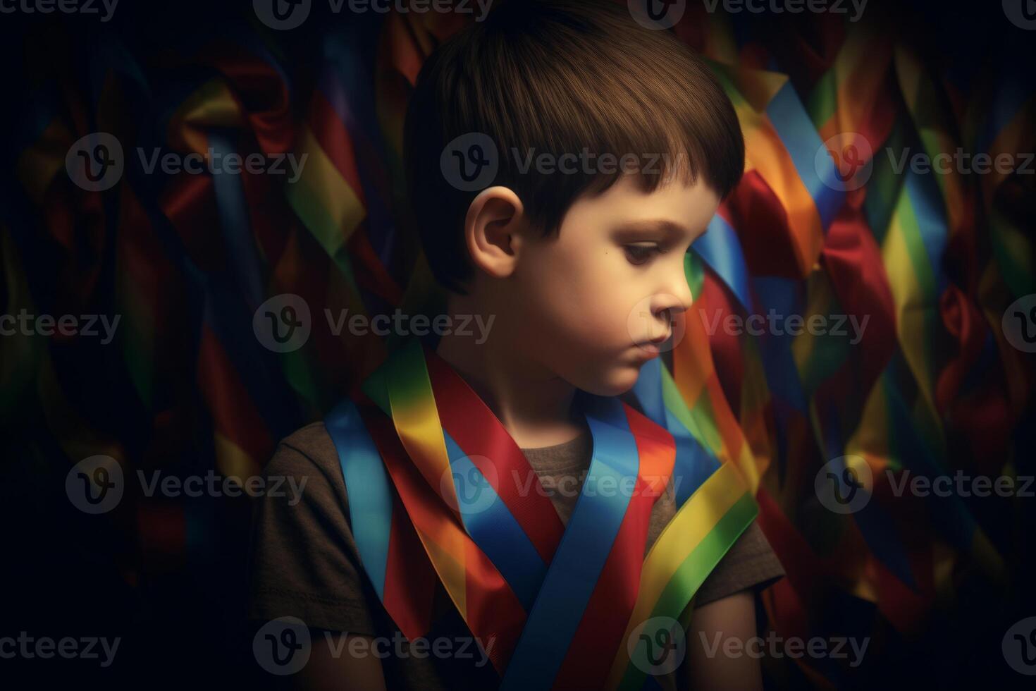child with puzzle ribbon on dark background. boy with symbol of the fight, concept of helping those in need. World Autism Awareness day. photo