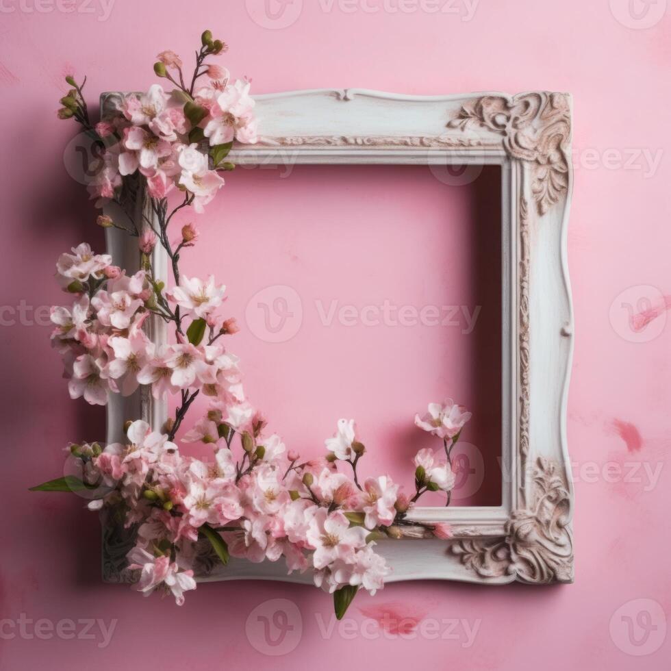 Old frame with pink flowers. Empty space. White gray frame on wall. photo