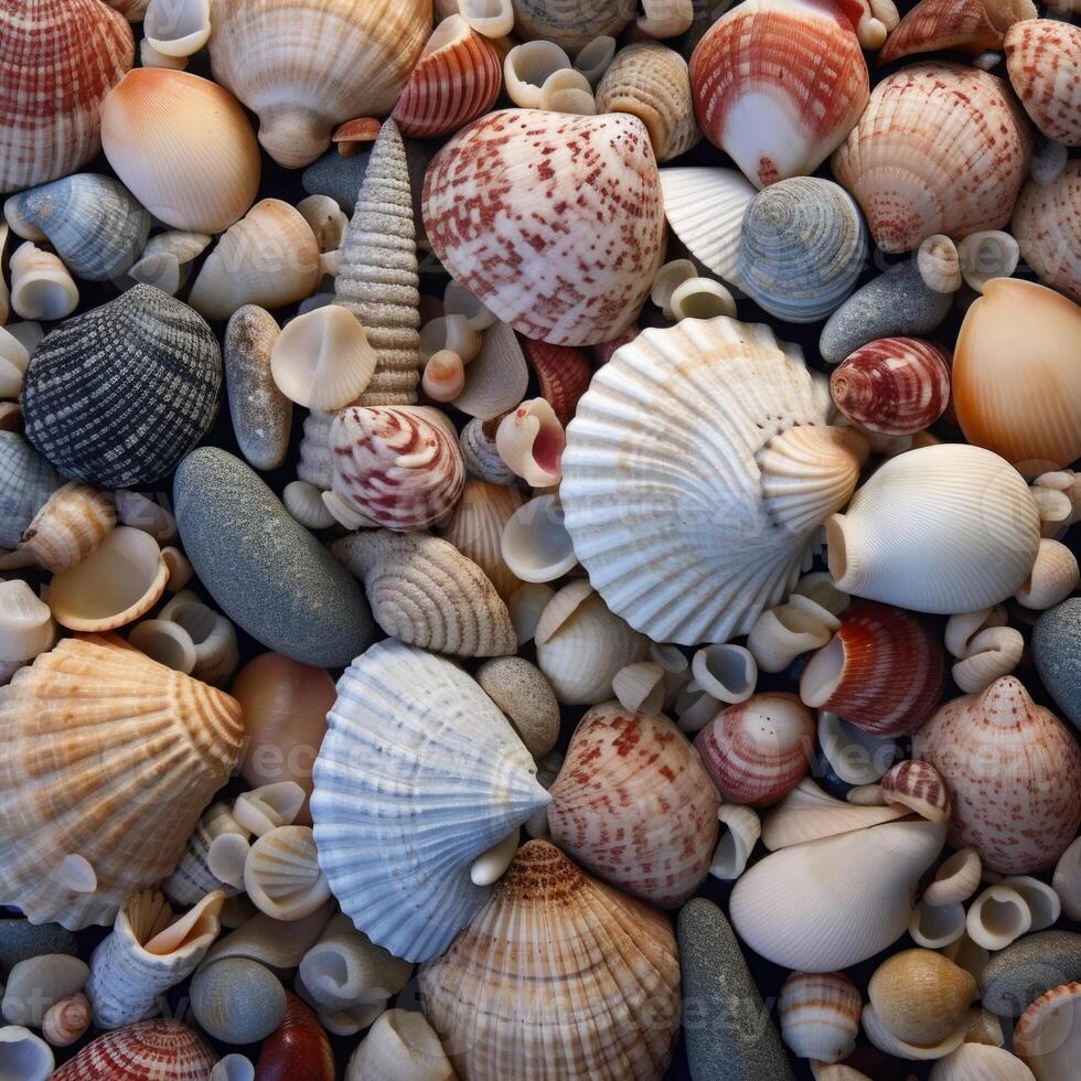 Seashells background, lots of amazing seashells. Top view. photo