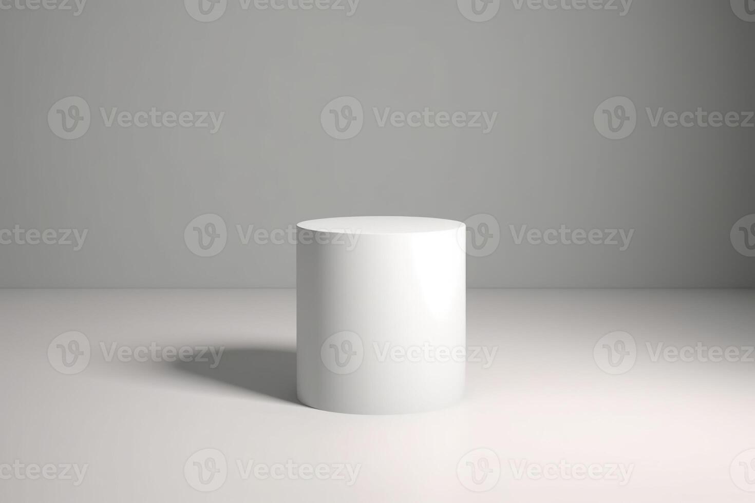 Empty white podium on white wall background for product placement. Modern product display. Copy space on showcase platform for marketing and presenting. Front view. photo