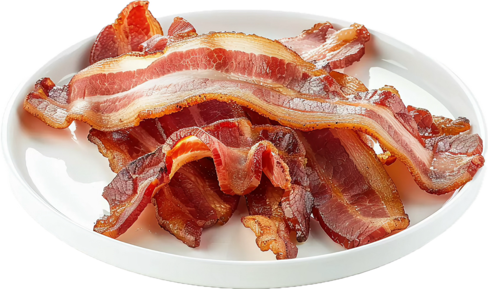 Crispy Bacon Strips on White Plate. png
