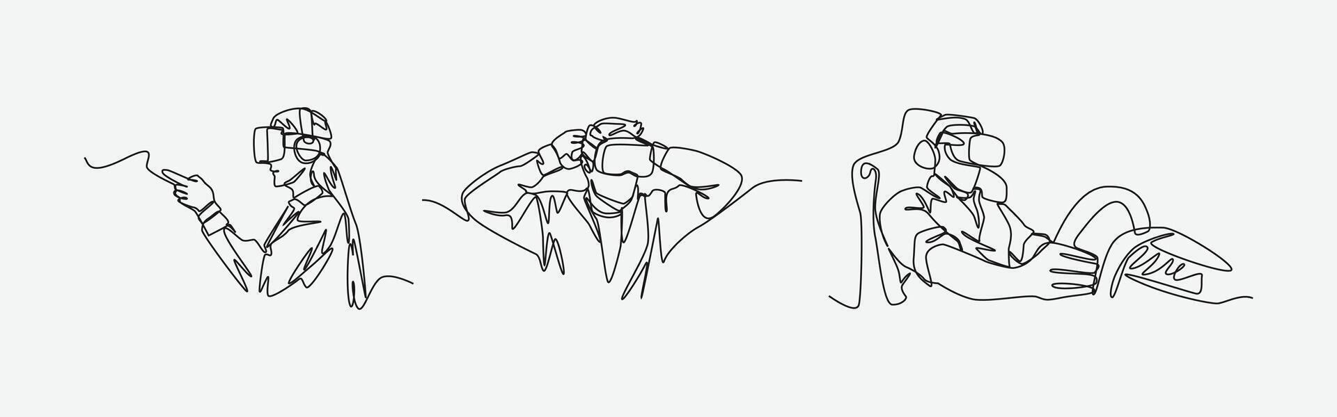 Set continuous line drawing of different people using vr headset. playing game, learning, watching with virtual reality. Editable line. Graphic illustration. vector