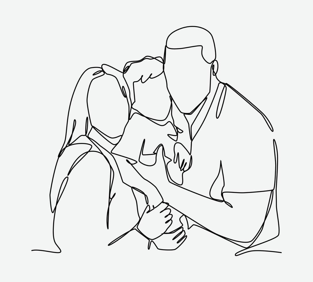Continuous line drawing of happy family. Father, mother, and son. Editable strokes. Graphic illustration. vector