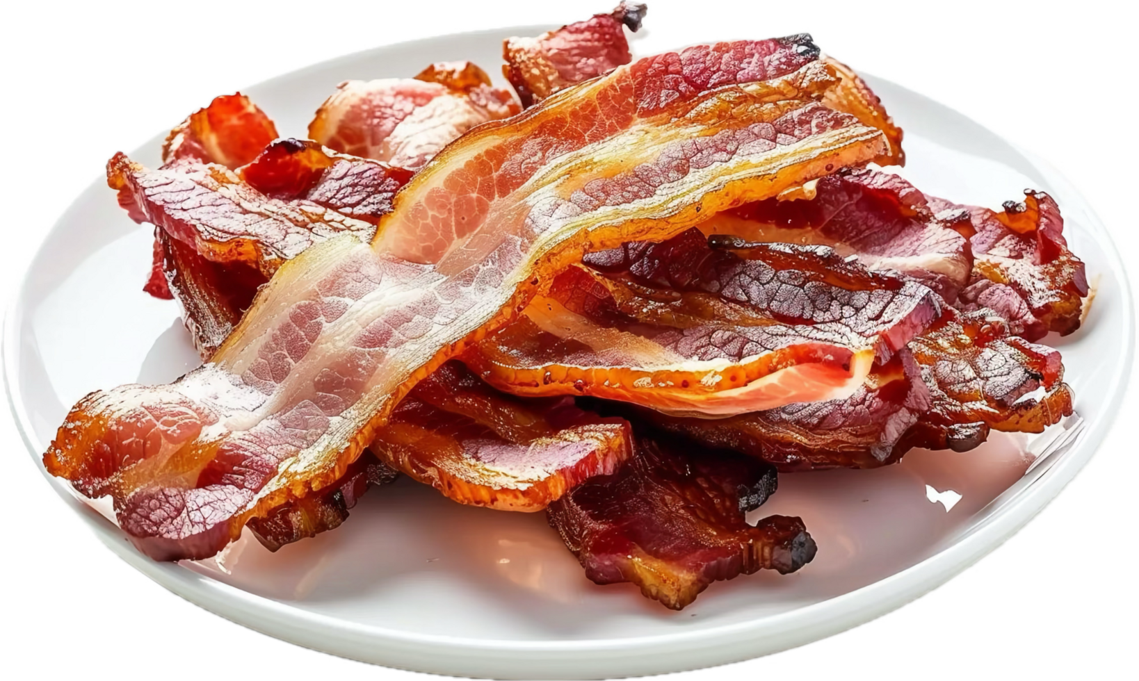 Crispy Bacon Strips on White Plate. png