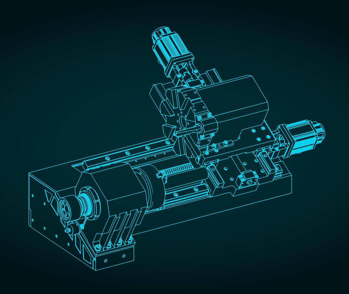 CNC lathe machine isometric blueprint vector