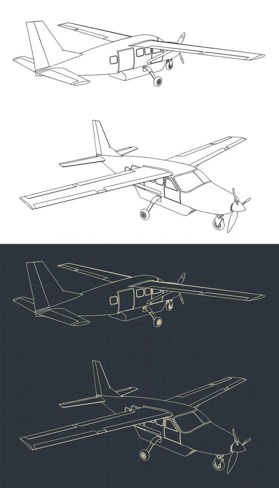 Light single-engine turboprop aircraft blueprints vector