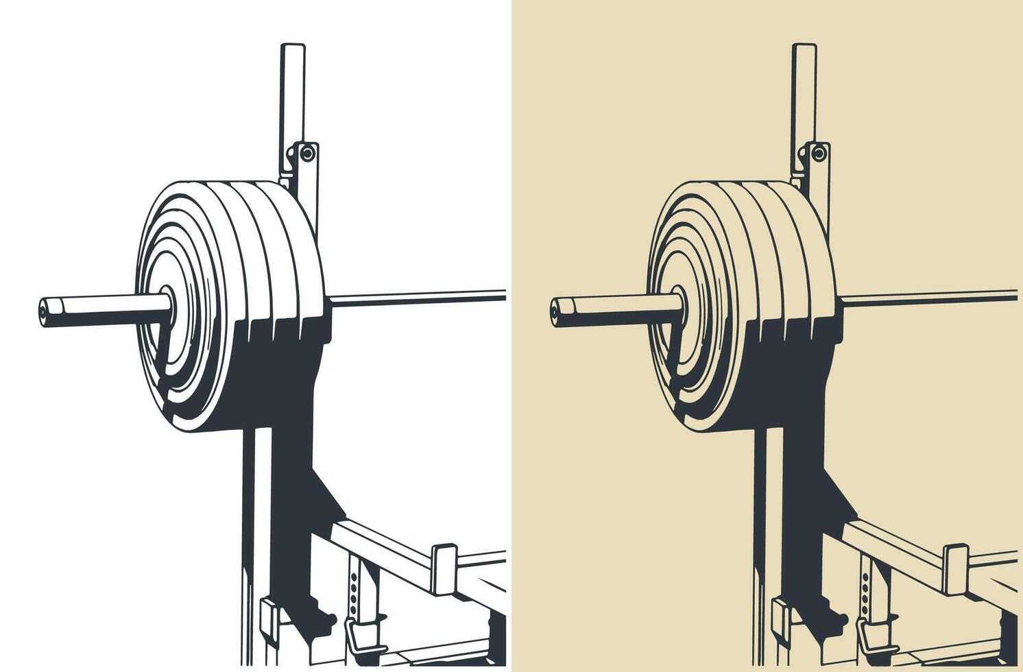 Barbell on a bench press rack close-up vector