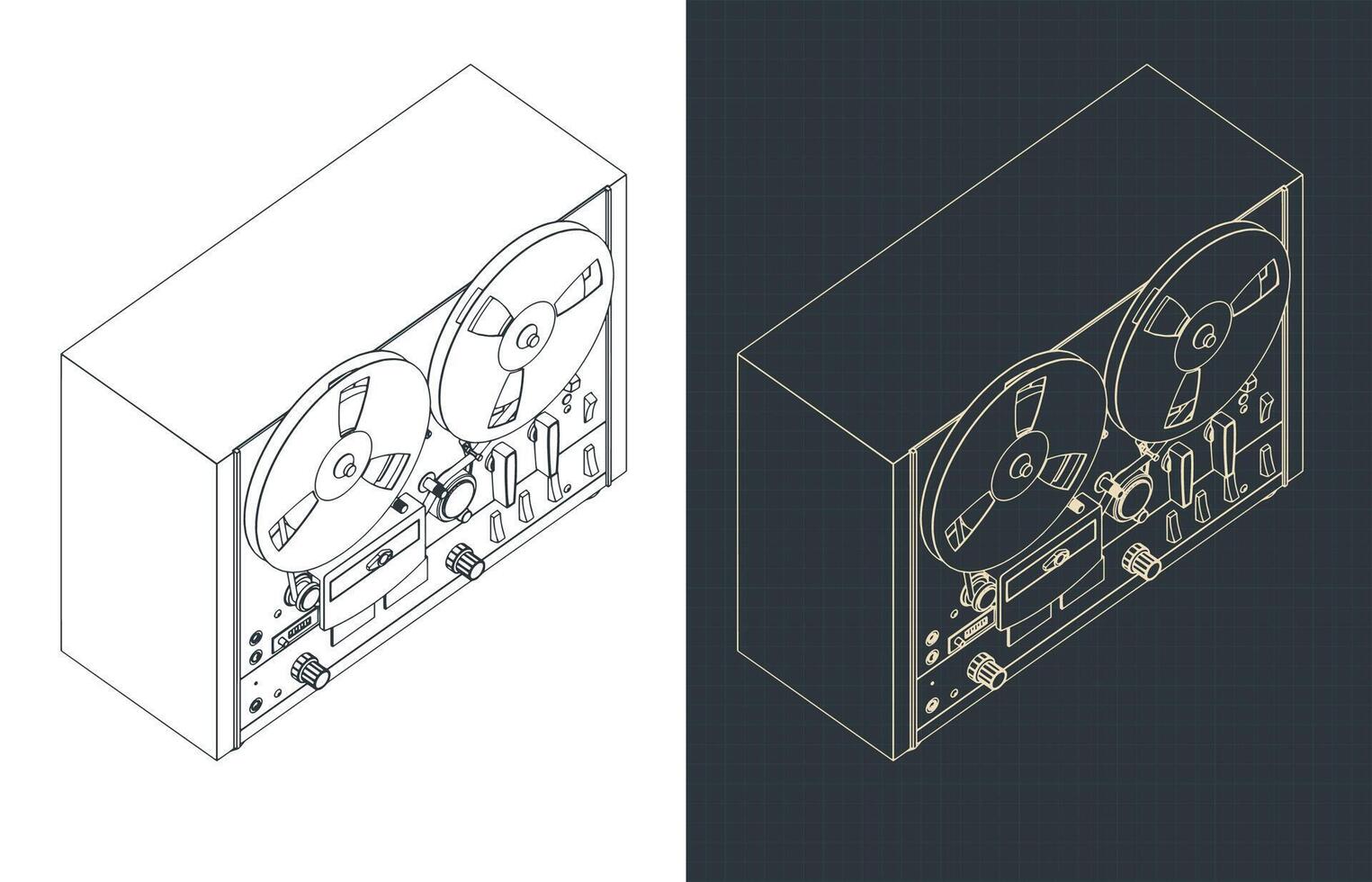 Reel to reel tape recorder isometric blueprints vector