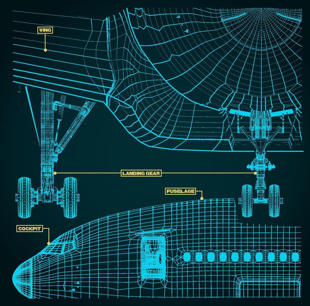Civil jet drawing fragments vector