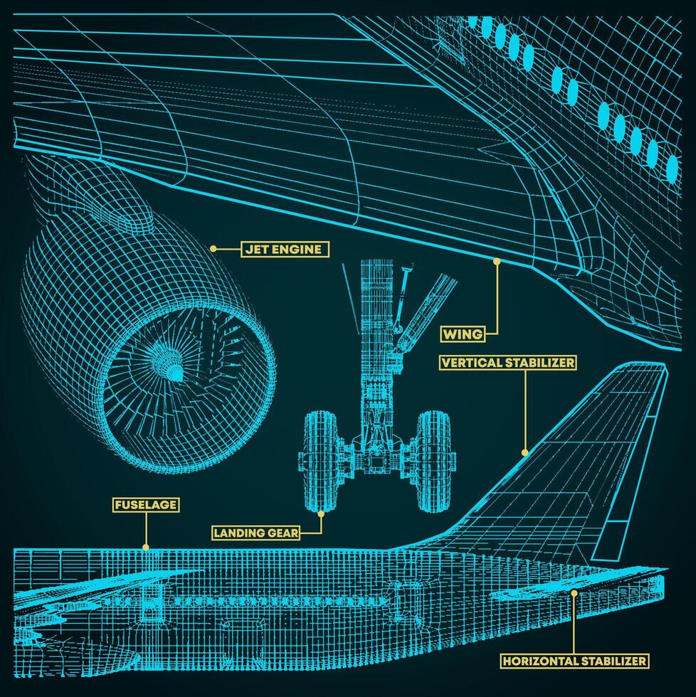 Fragments of blueprints of a civil aircraft vector
