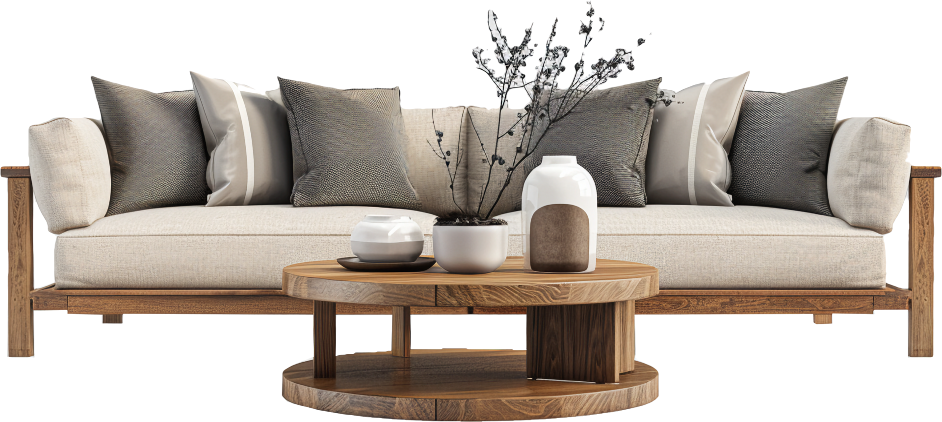 Modern Sofa with Decorative Cushions and Coffee Table. png