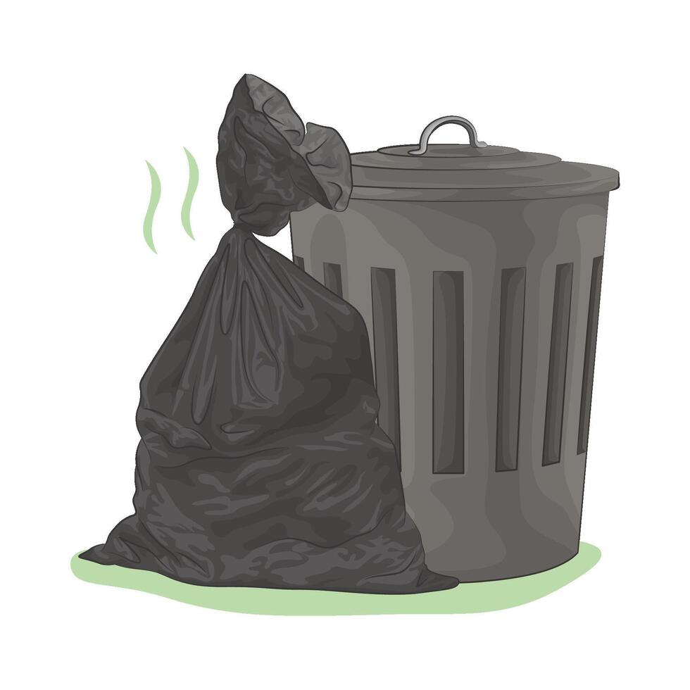 Illustration of plastic bag and trash bin vector