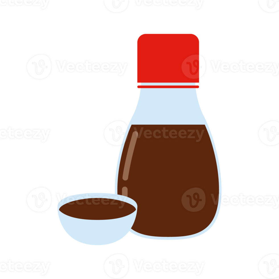 Soy sauce in a bottle and bowl. Traditional asian salty sauce. png