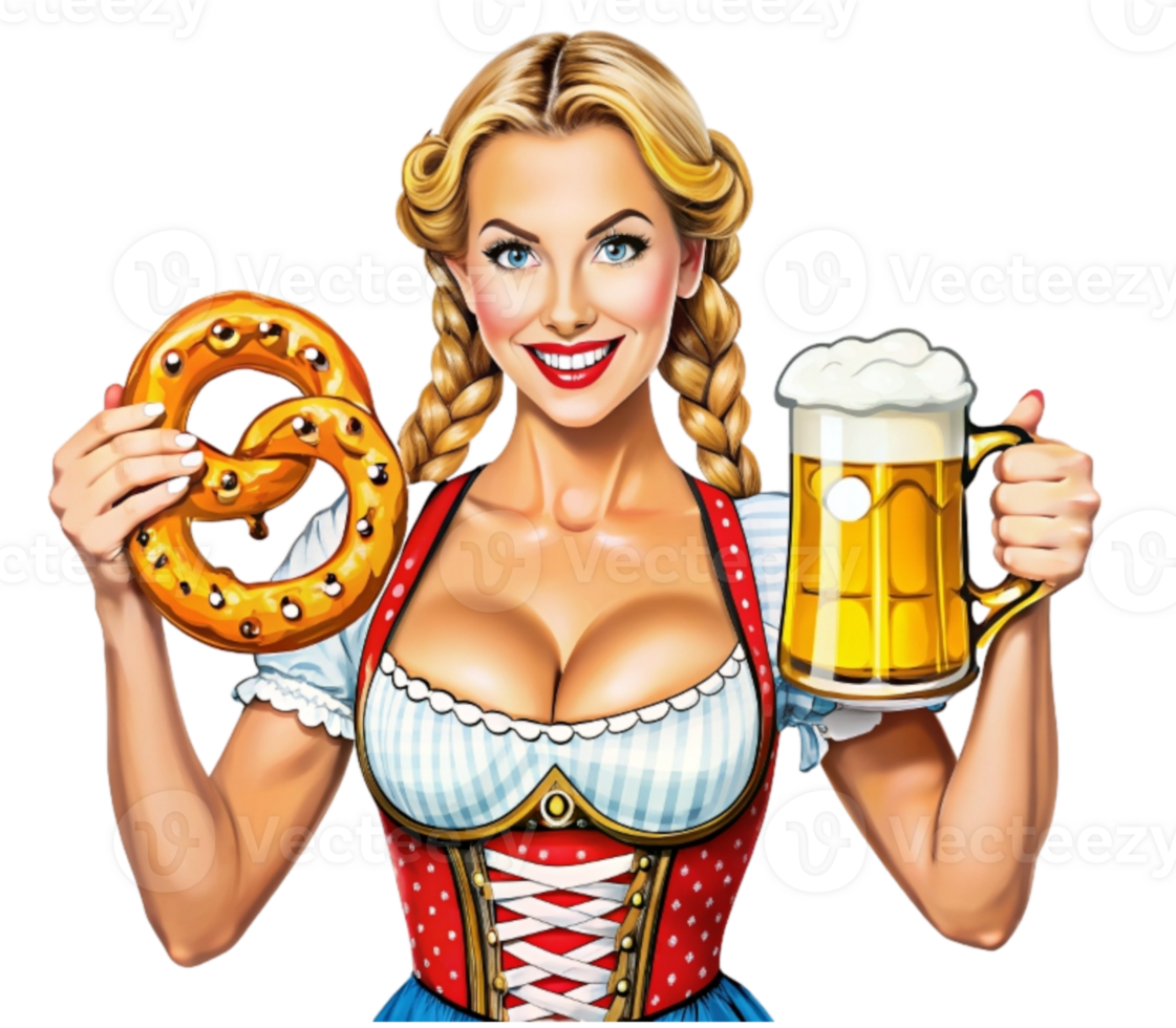Hand drawn Bavarian waitress holding two mugs of beer in both hands png