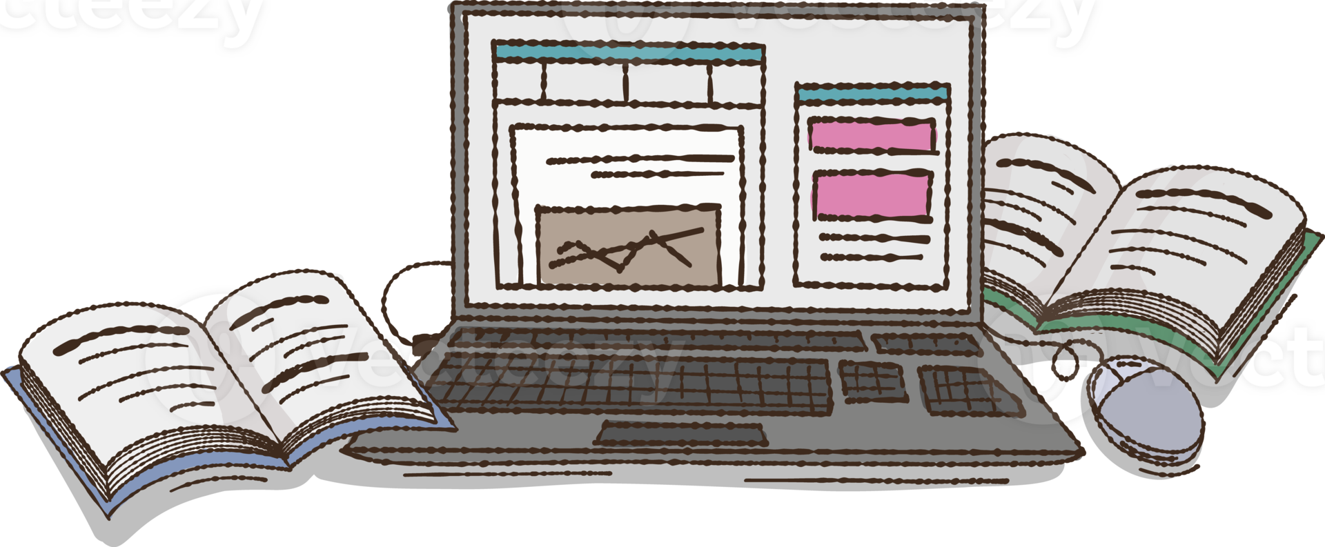 Desk with computer Laptop and Book illustration design, Hand Drawn. png