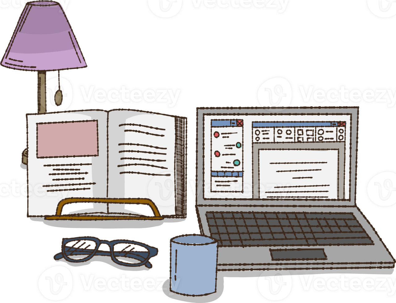 Desk with computer Laptop and Book illustration design, Hand Drawn. png