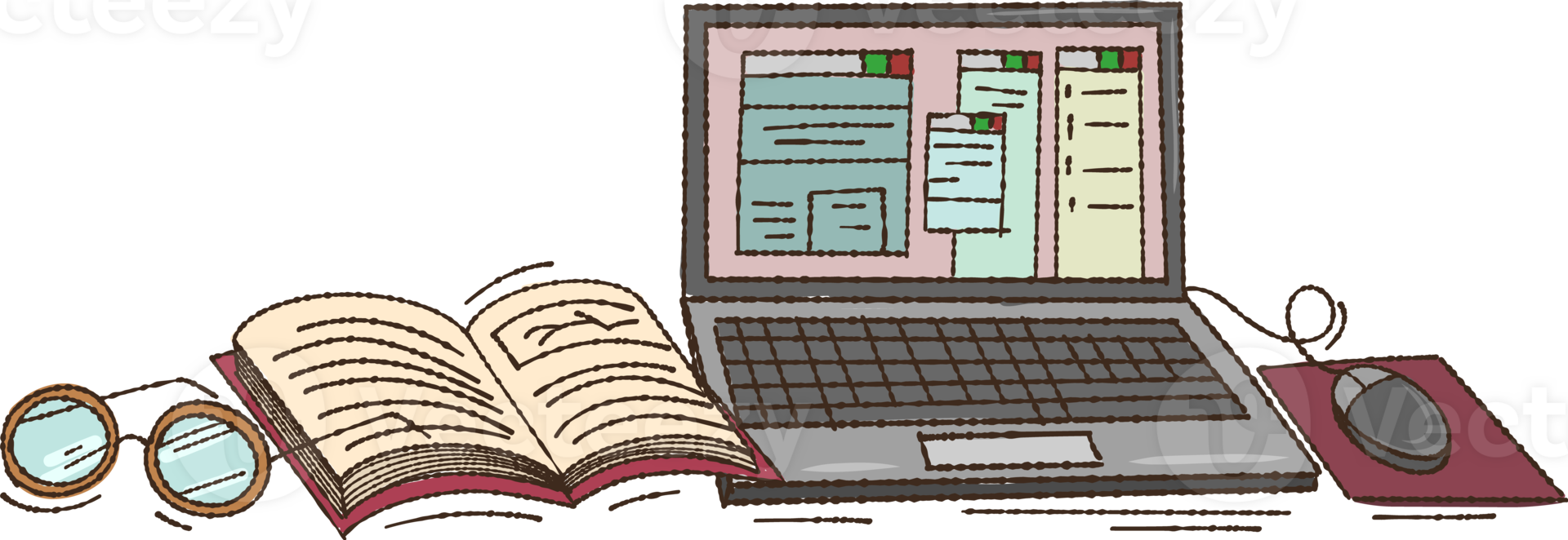 Desk with computer Laptop and Book illustration design, Hand Drawn. png