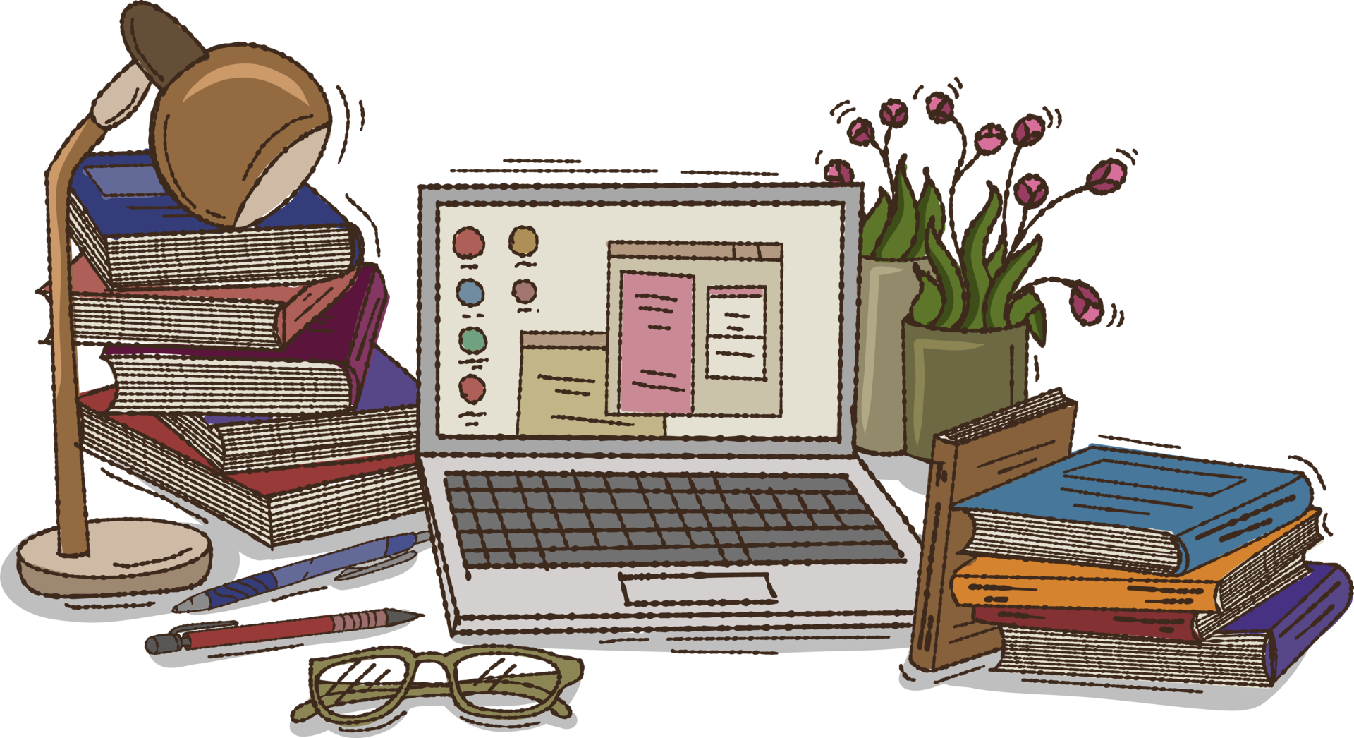 Desk with computer Laptop and Book illustration design, Hand Drawn