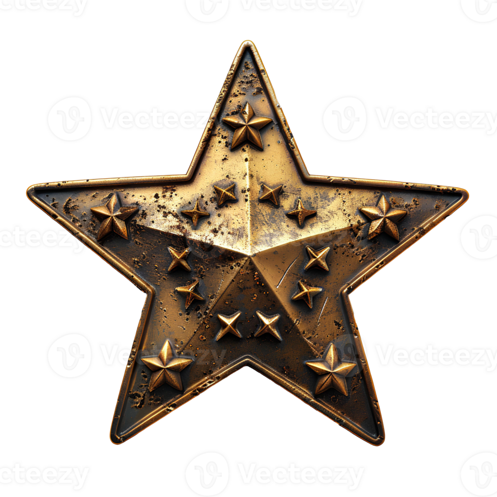 Golden metallic star . Golden star top view . Star shaped metal flat lay isolated. Rustic and worn out vintage star shape png
