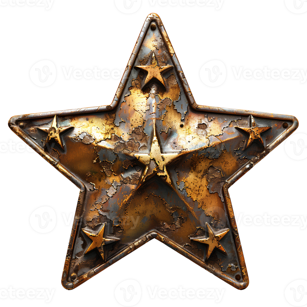 Golden metallic star . Golden star top view . Star shaped metal flat lay isolated. Rustic and worn out vintage star shape png