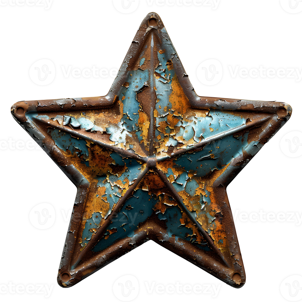 Golden metallic star . Golden star top view . Star shaped metal flat lay isolated. Rustic and worn out vintage star shape png