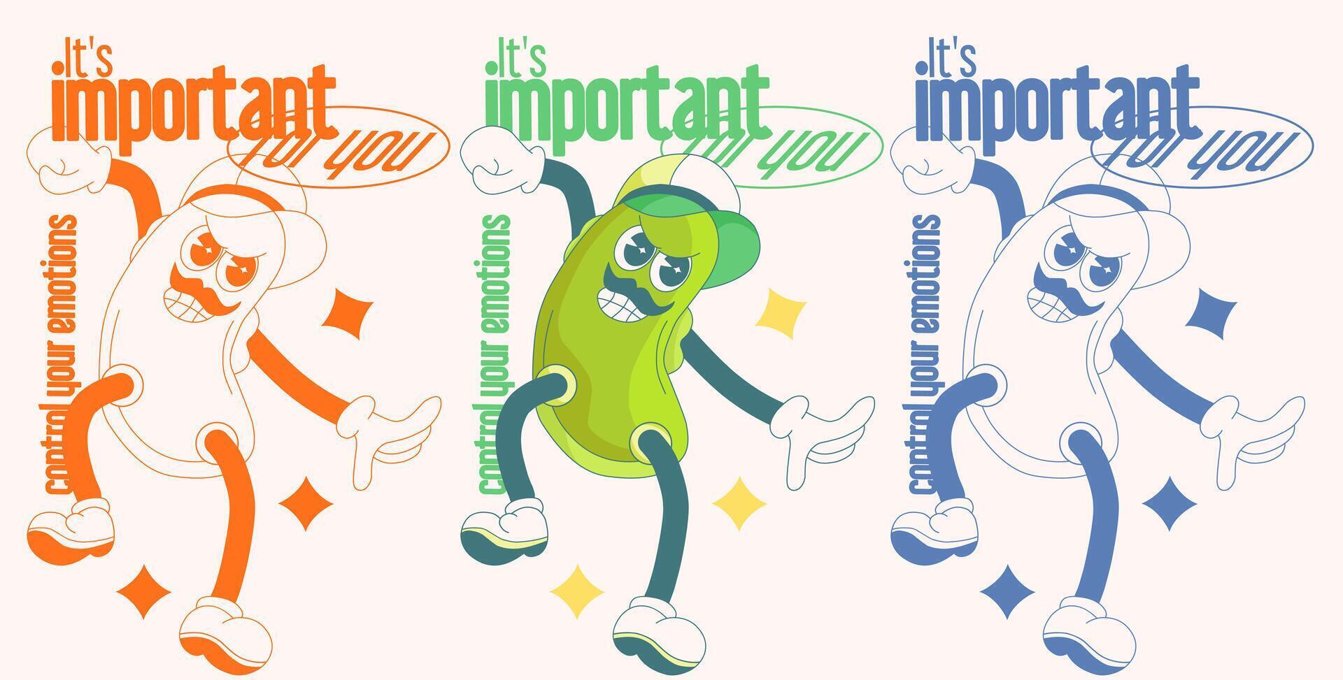 A collection of cartoon-style cucumber pickle team mascot sets inspired by groovy 60s posters, featuring positive affirmations and sparkling light ornaments. The characters depicted with angry face vector