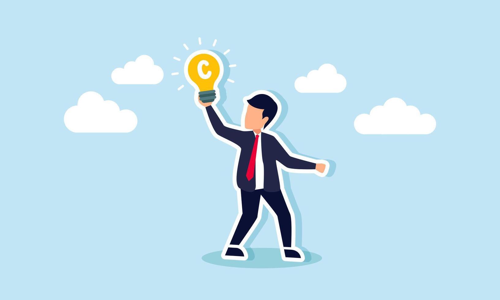 Copyright reserved trademark protection for original ideas or innovations, legally registered, concept of A businessman holds a light bulb idea with a copyright symbol vector