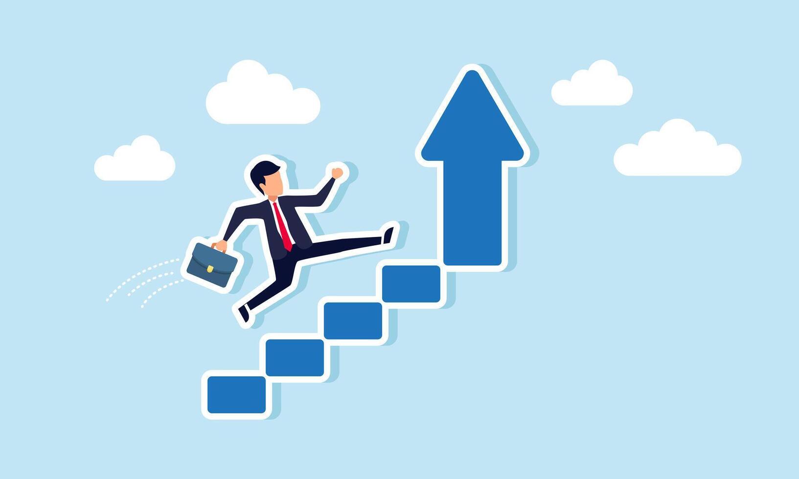 Career growth climb the stairway to success, increase income, and improve skills, concept of A confident businessman strides up the stairway of success alongside a rising arrow vector