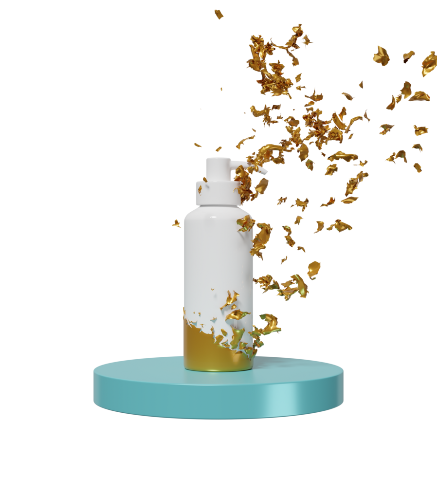 3d bottle with podium for cosmetic lotion, foam, liquid soap, gel pump style isolated. hand sanitizer container, mock up template concept, 3d render illustration png