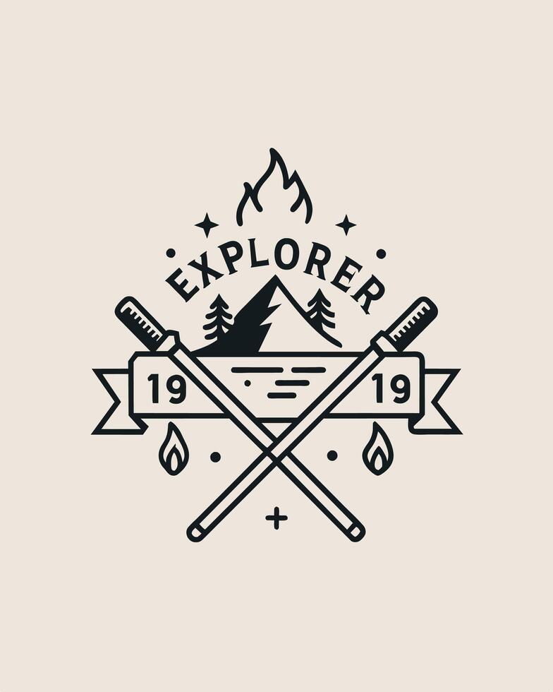Monoline logo vintage mountain and tree for your community explorer vector