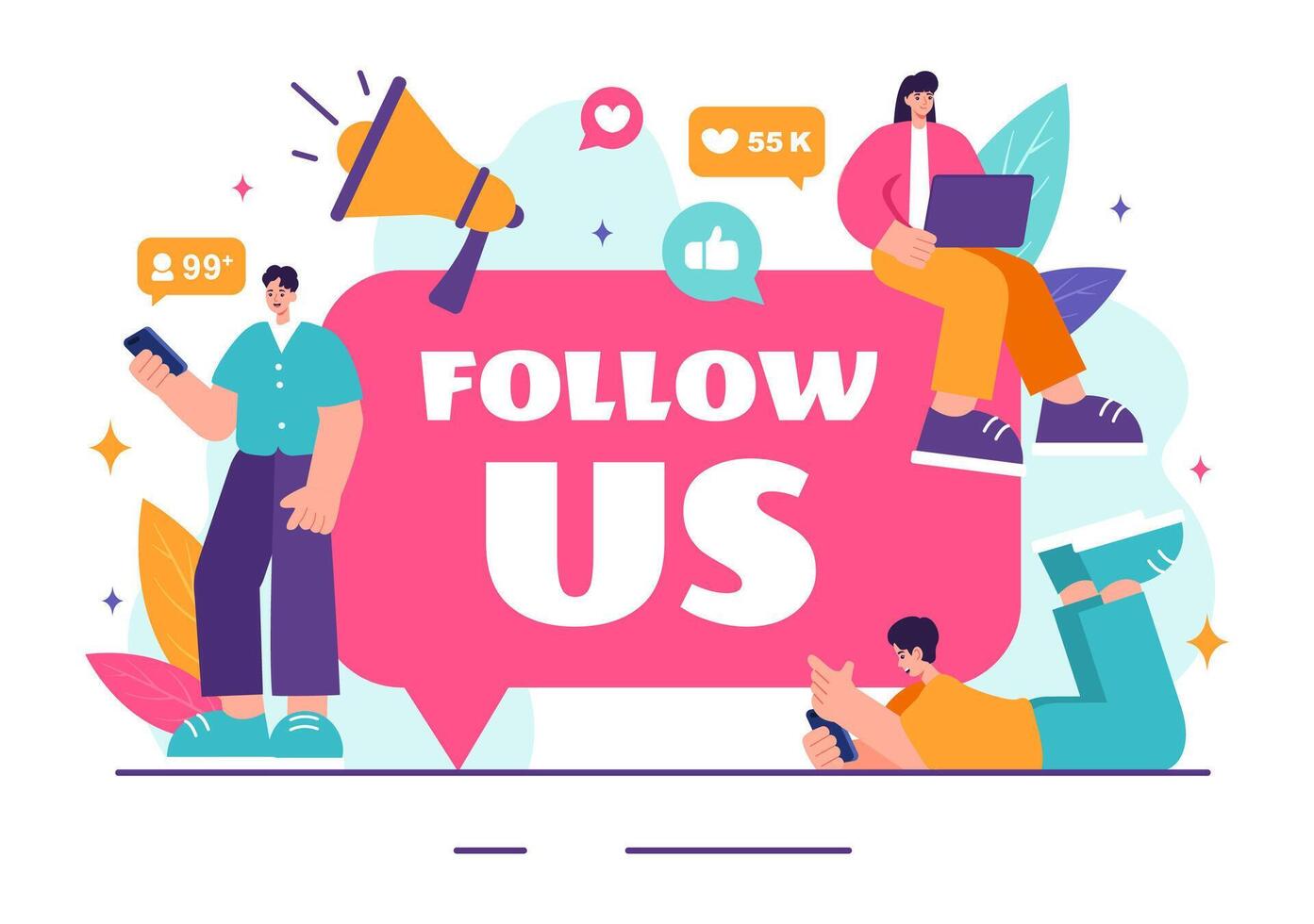 Follow Us and Like Illustration for Internet Advertisements of Social Media Users Following an Interesting Page, Set in a Flat Background vector