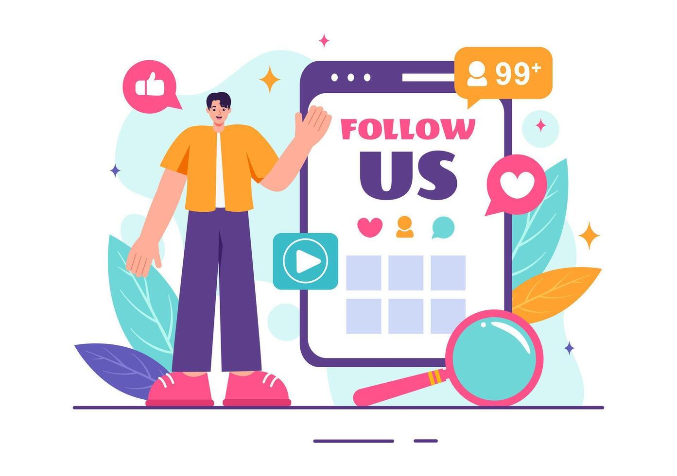 Follow Us and Like Illustration for Internet Advertisements of Social Media Users Following an Interesting Page, Set in a Flat Background vector
